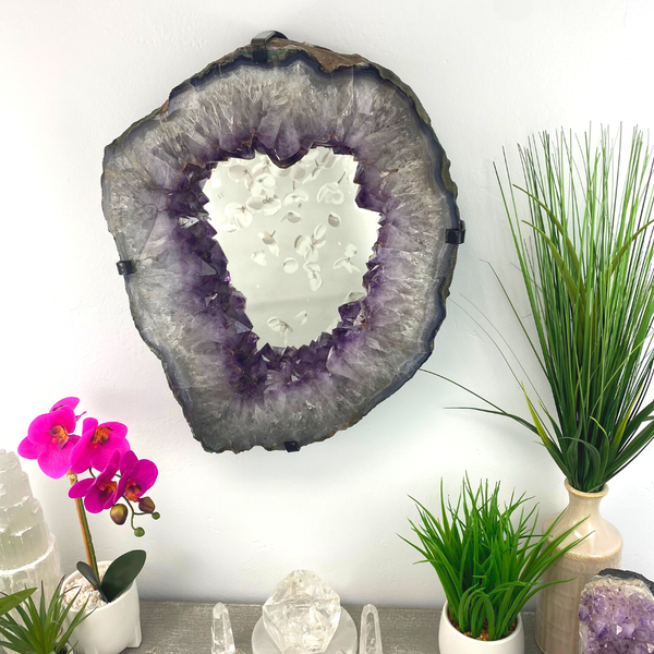 Wholesale Amethyst Slice Mirror with Custom Iron Frame - 16.50kg 15"w x 19.25"h-Mirrors-Angelic Healing Crystals Wholesale